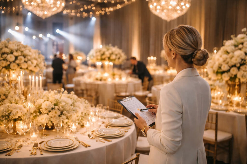 coordinadora de eventos corporativos revisando detalles de salón elegante
