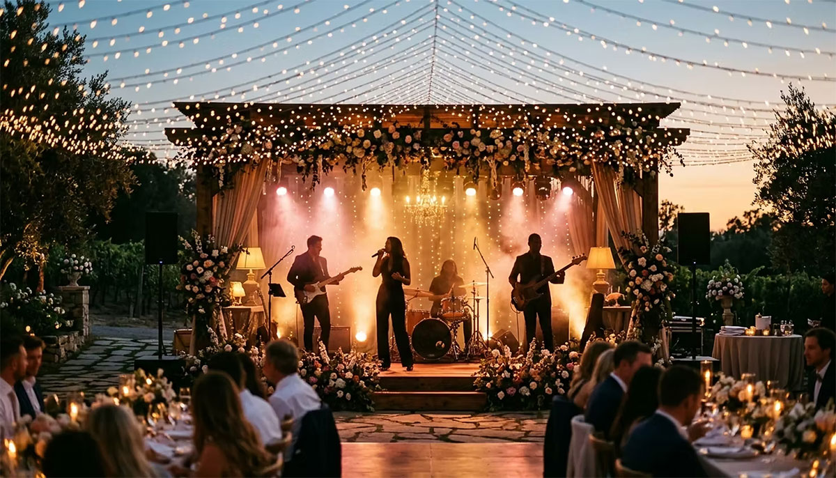 banda de música en vivo tocando en boda elegante